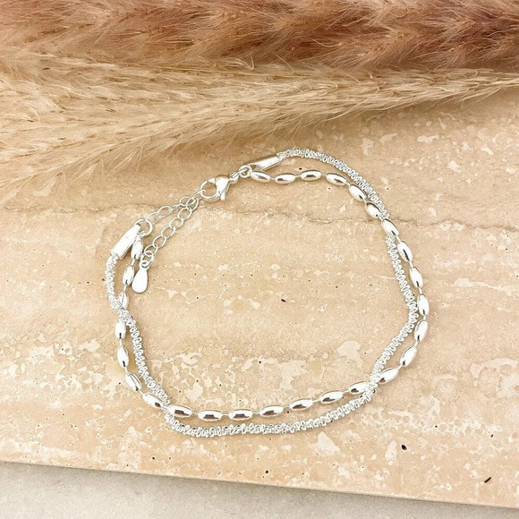 Sterling Silver Double Chain Layer Bracelet Shiny Sequin Dainty Chain Bracelet - Picture 1 of 3